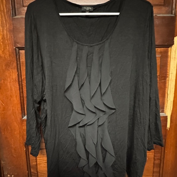 Talbots Top SZ 2x Black Lightweight Jersey Ruffle Panel Front 3/4 Sleeve Stretch - Picture 1 of 4